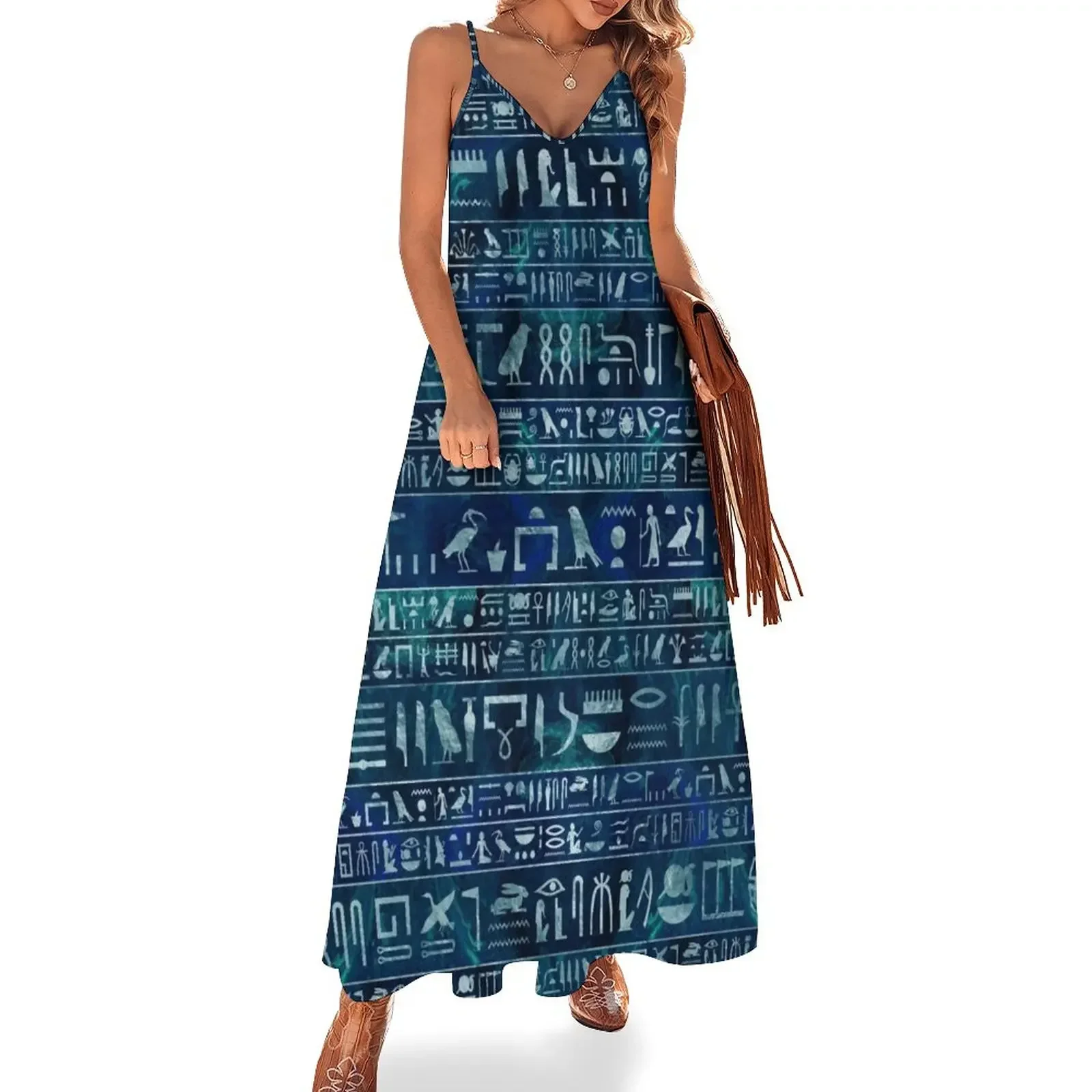 

Egyptian hieroglyphs -silver on blue painted texture Sleeveless Dress Clothing female cute dress Dress