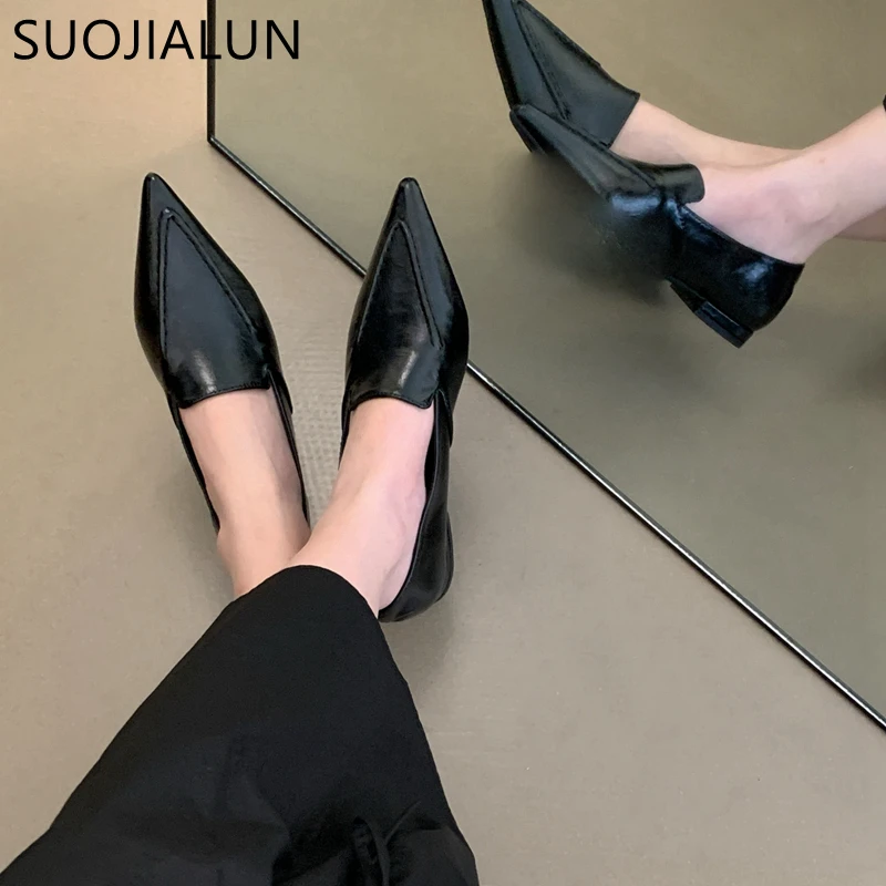 SUOJIALUN Autumn Women Flat Shoes Fashion Sliver Ladies Elegant Boat Shoes Pointed Toe Slip On Flat Heel Casual Outdoor Laofers