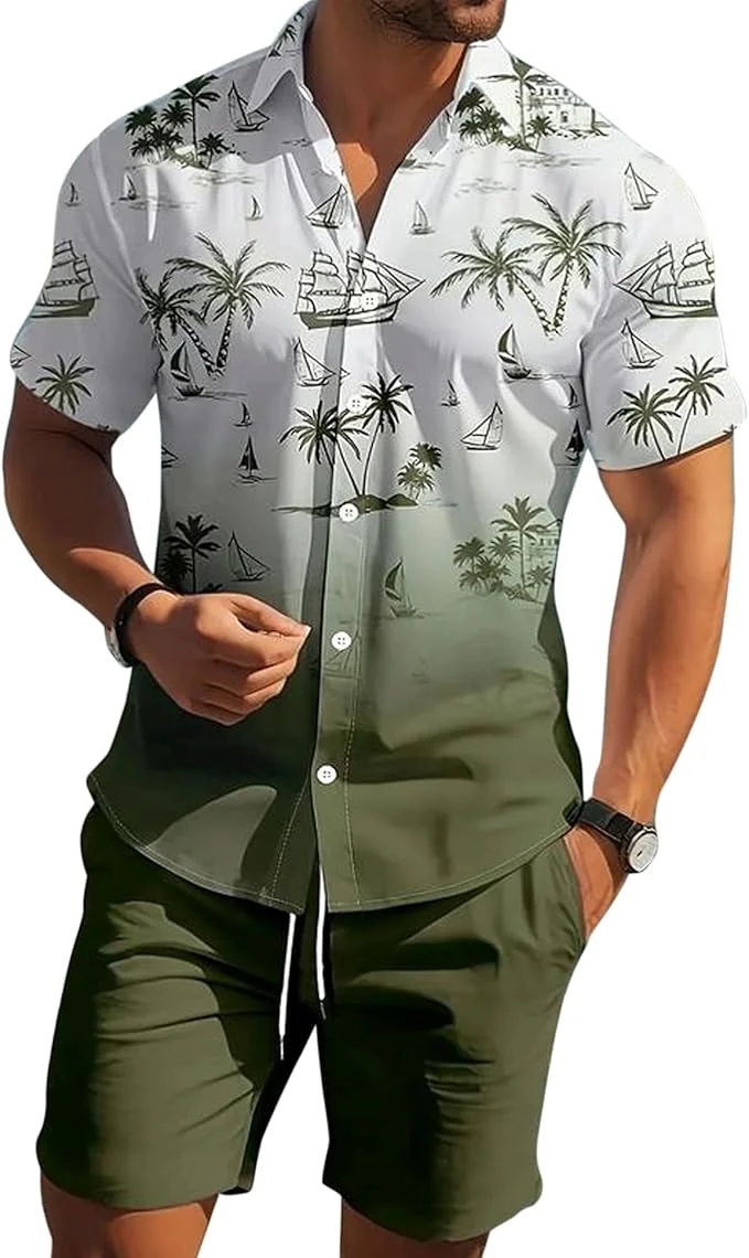 

Men's 2 Piece Outfits Summer Beach Vacation Short Sleeve Button Down Shirt and Drawstring Shorts Set Linen Texture