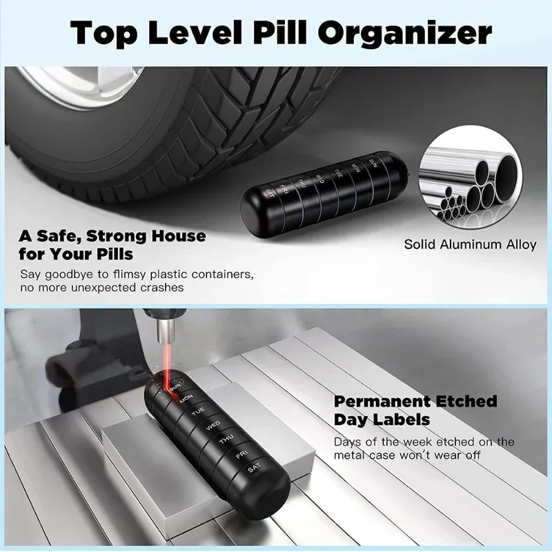 7 Days Portable Pill Case for Travel Metal Pill Organizer Waterproof Weekly Pill Box Case Container Medicine Bottle Organizer