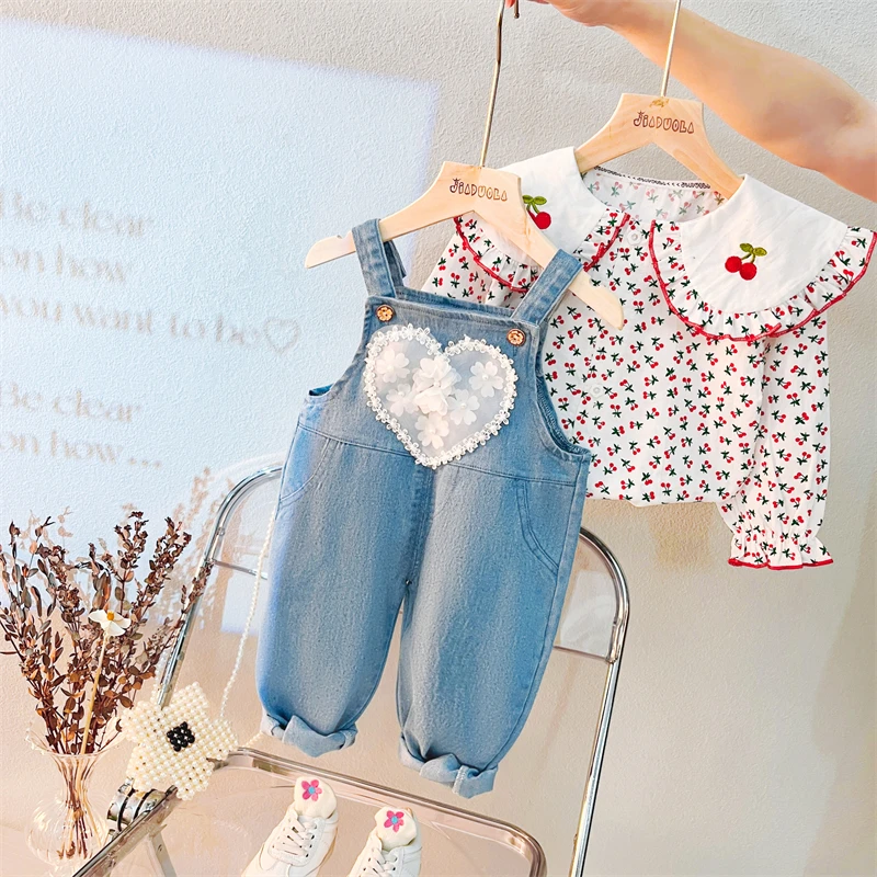 Baby Girls Floral Shirt Lace Love Denim Overalls 2 Pcs Suit Autumn Kids Clothing Sets Infant Clothes Outfits Children Tracksuit