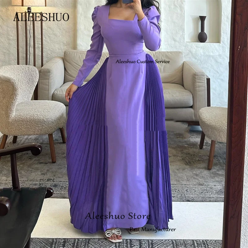 Aleeshuo-vestido de fiesta recto púrpura clásico, vestido de noche plisado de manga larga, cuello cuadrado, vestido de fiesta Formal hasta el tobillo, Arabia