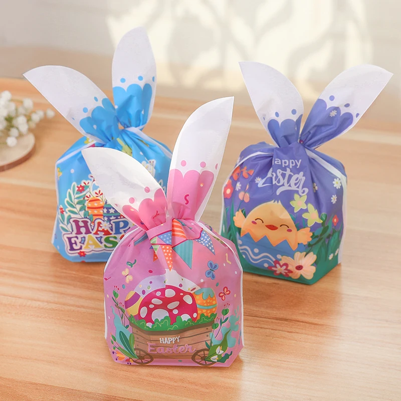 50Pcs Happy Easter Cute Rabbit Ear Candy Bags Chick Egg Plastic Biscuit Snack Packaging Bags Kids Favors Gift Easter Party Decor