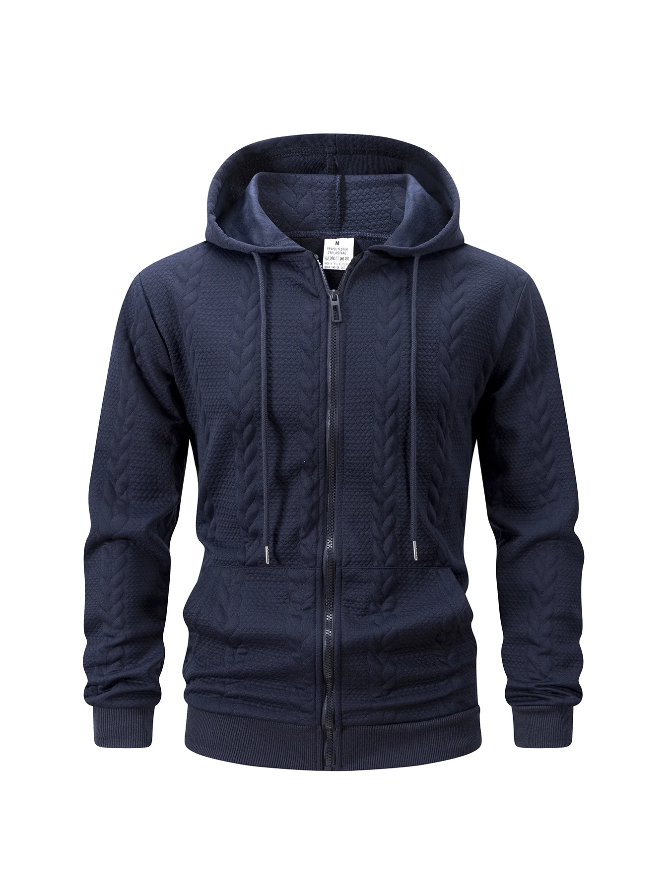 Casual Men Full Zip Hooded Sweatshirt Cable Knit Texture Drawstring Hood Kangaroo Pocket Daily Working Outfit