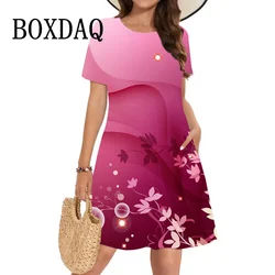 Elegant 3D Print A-Line Dress Women O-Neck Pullover Short Sleeve Dresses Female Fashion Summer Casual Loose Party Dress 2025 New