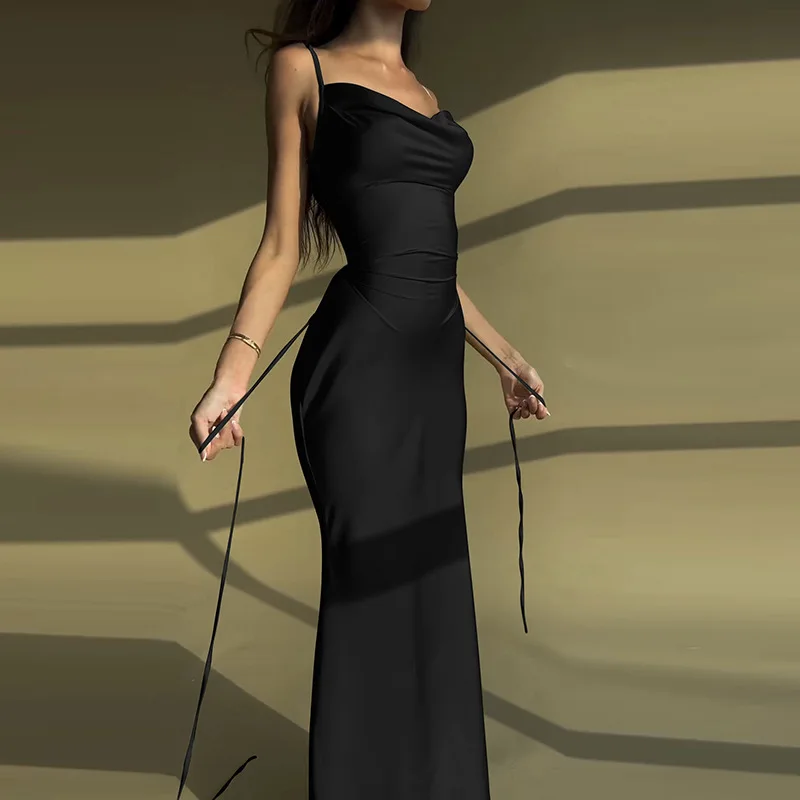 2025 summer new women's clothes sexy and elegant silk satin-textured fitted halter and lace-up long dress