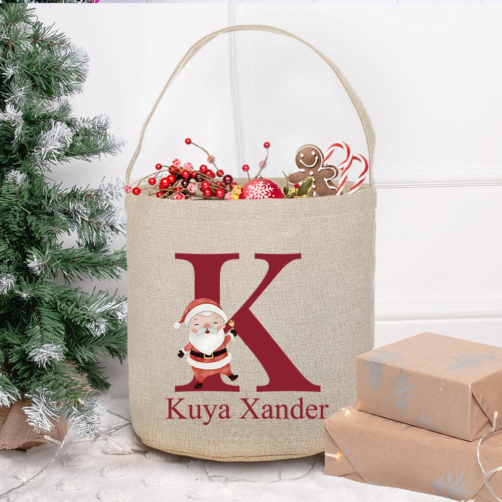 Personalised 26 Initial with Name Candy Bucket Bag Christmas Party Children's Tote Bags Portable Basket Kid Xmas Gifts