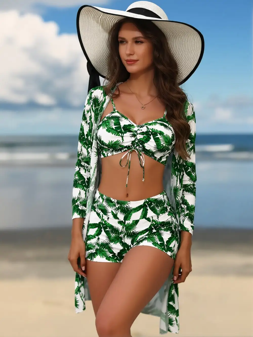 Women's Tropical Leaf Print Long Sleeve Beach Cover Up Loose Button Down Shirt V Neck Swimwear Bikini Cover Ups Summer Poolside