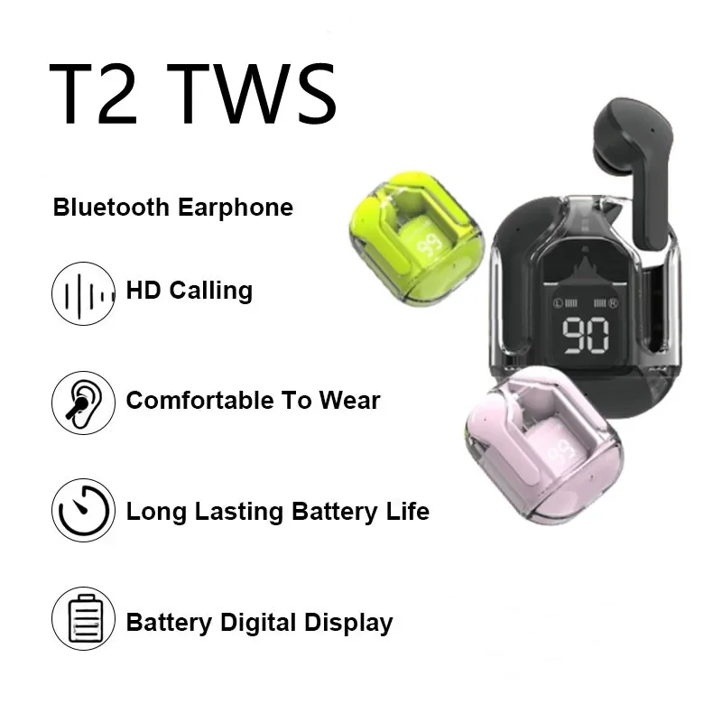 T2 Tws Wireless Bluetooth Headset Bluetooth Earbuds Transparent ENC Power Digital Display Stereo Sound Earphones for Smartphones