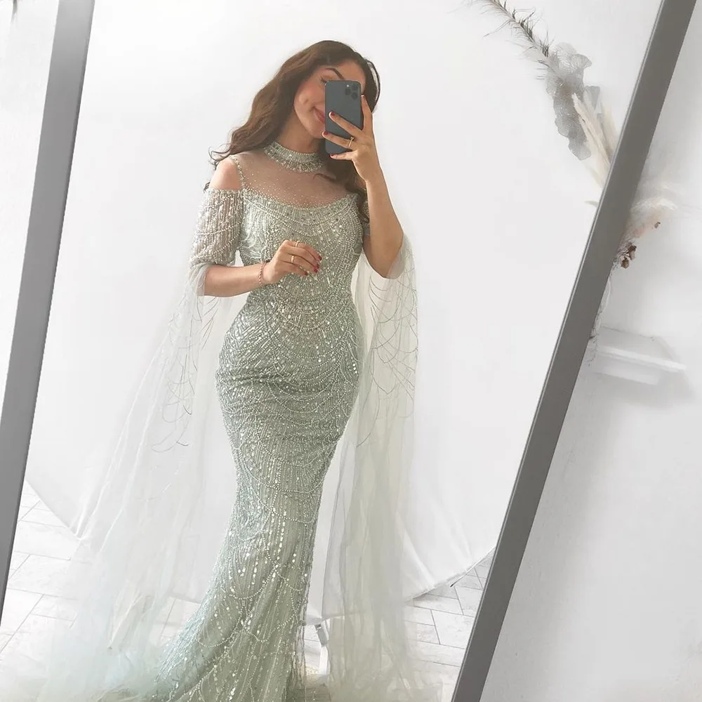 Luxury Mermaid Evening Dress with Cape for Women Sparkly Beads Pearls High Neck Long Formal Prom Wedding Party Gown Vestido