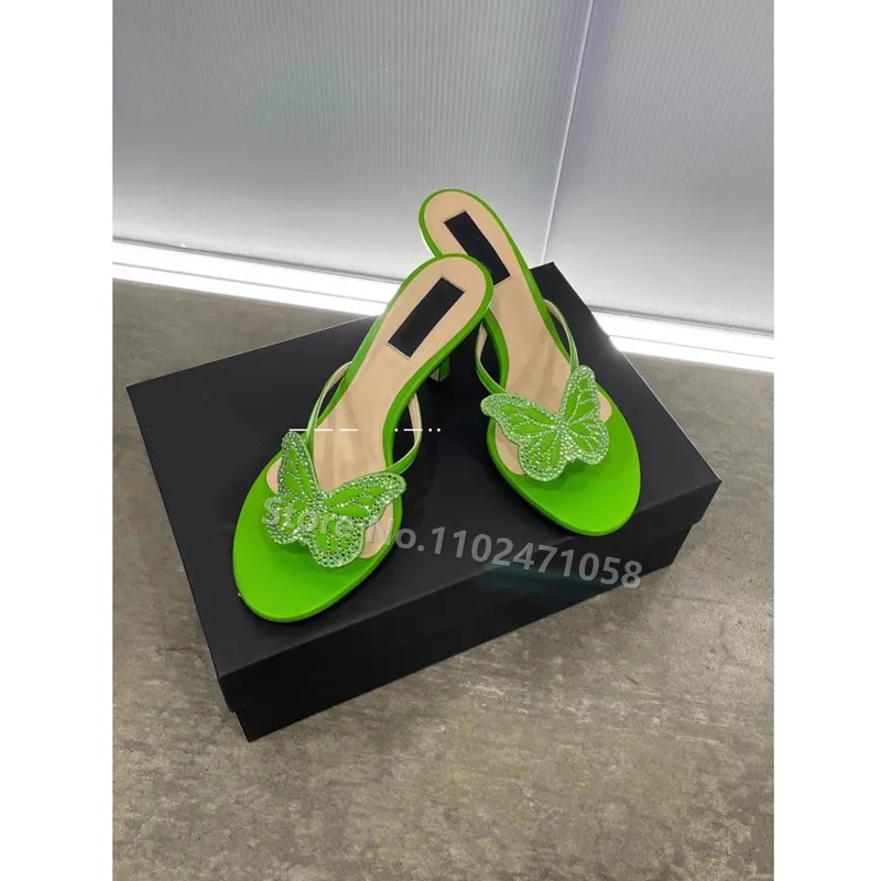 Butterfly Rhinestone Peep Toe Thin Heels Flipflops Women Summer Luxury Brand Hight Heels Sandals Ladies Casual Outside Slippers