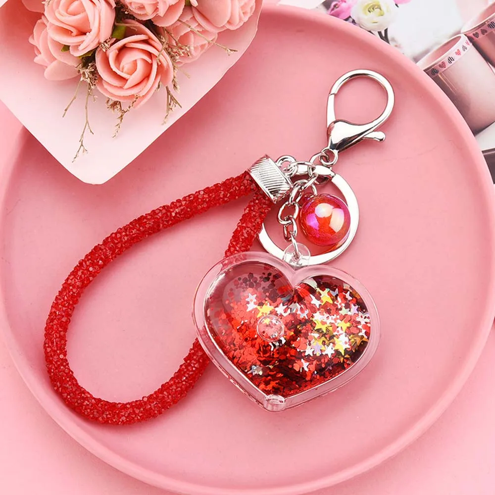 Lovely Acrylic Accessories Moving Liquid Quicksand Sequin Transparent PU Rope Car Pendant Keychain Bag Charm Key Ring