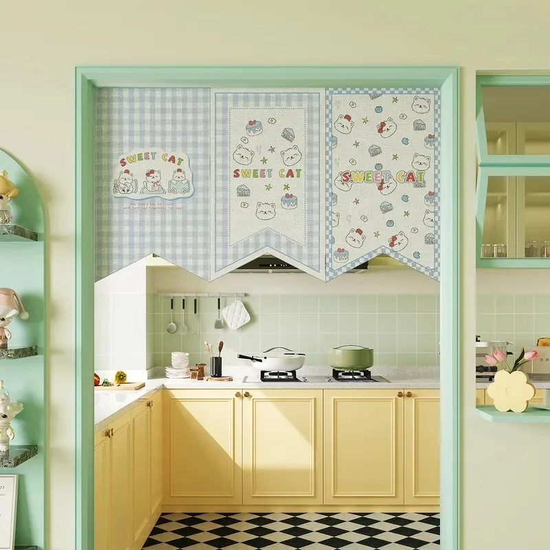 VIKAMA Sweet Cat Valance Curtain Cute Kitten Cake Grid Print Pennant Short Curtain for Kitchen Window Home Decor