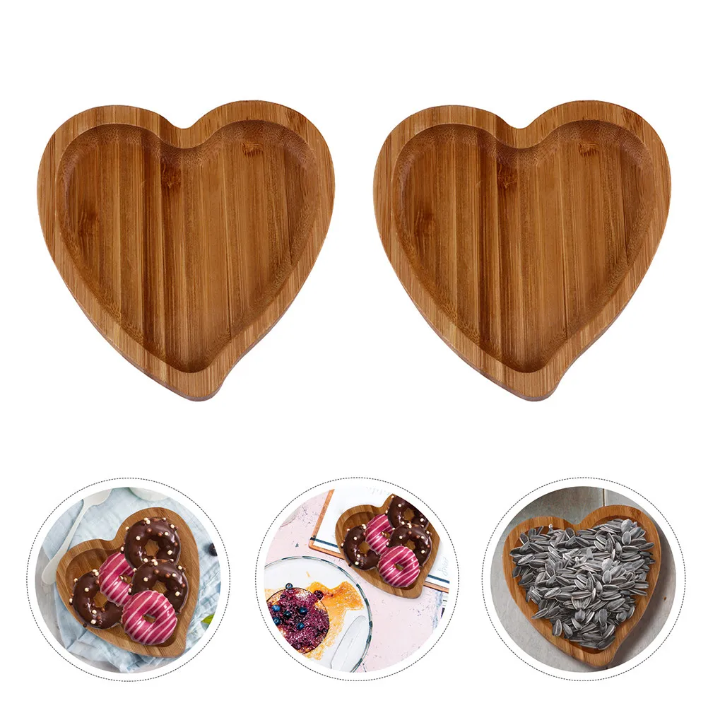 2Pcs Bamboo Wooden Heart Shape Trinket Tray Jewelry Storage Holder for Rings Bracelets Anklets Glasses Hair Bands Home Decor