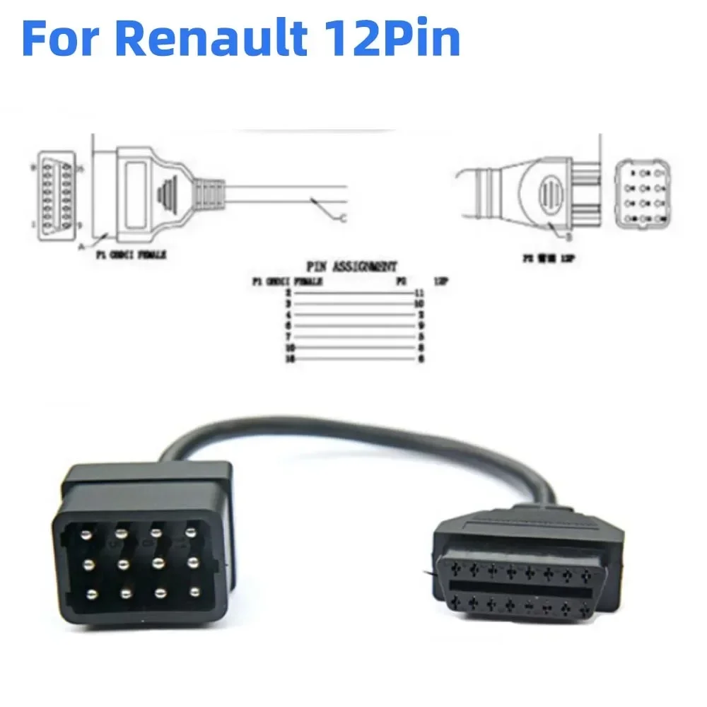 For Renault 12 Pin OBDII OBD 2 Connector Adapter Diagnostic Extension Cable 16 Pin For Renault 12Pin