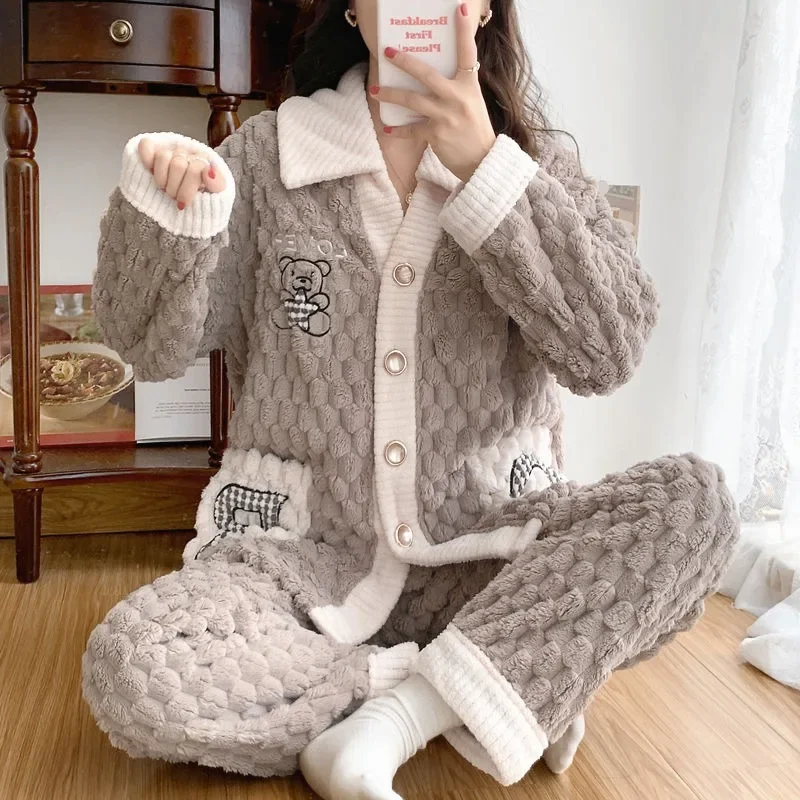 Coral Velvet Autumn Winter Pregnant Women Pajama Thick Sleepwear Warm Postpartum Breastfeedin Postpartum Confinement Homewear