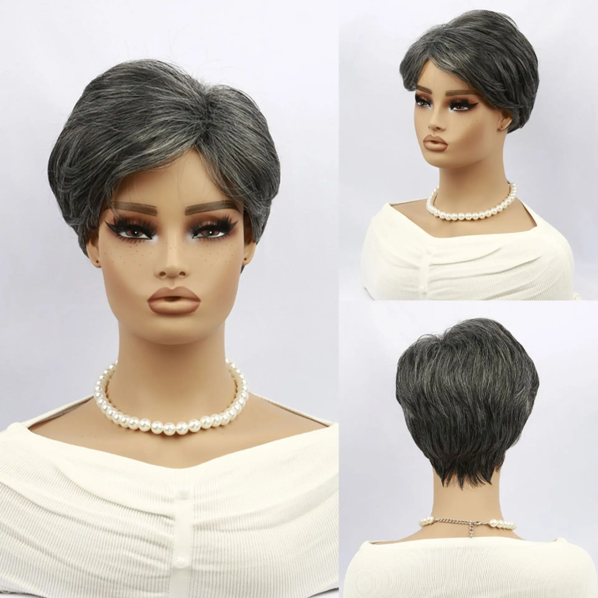 วิกผมหญิง แฟชั่นยุโรปและอเมริกา ผมสั้นฟู หน้าม้าเฉียง ผมสั้นตรงสีเทา สารเคมีไหมที่มีอุณหภูมิสูง