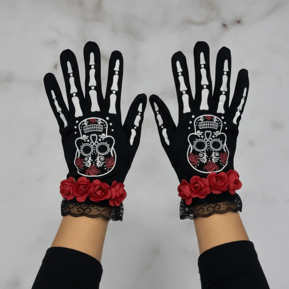 Rose Flower Design Lace Mesh Mittens Winter Warm Punk Style Halloween Cosplay Gloves Luminous Halloween Gloves Party Dress