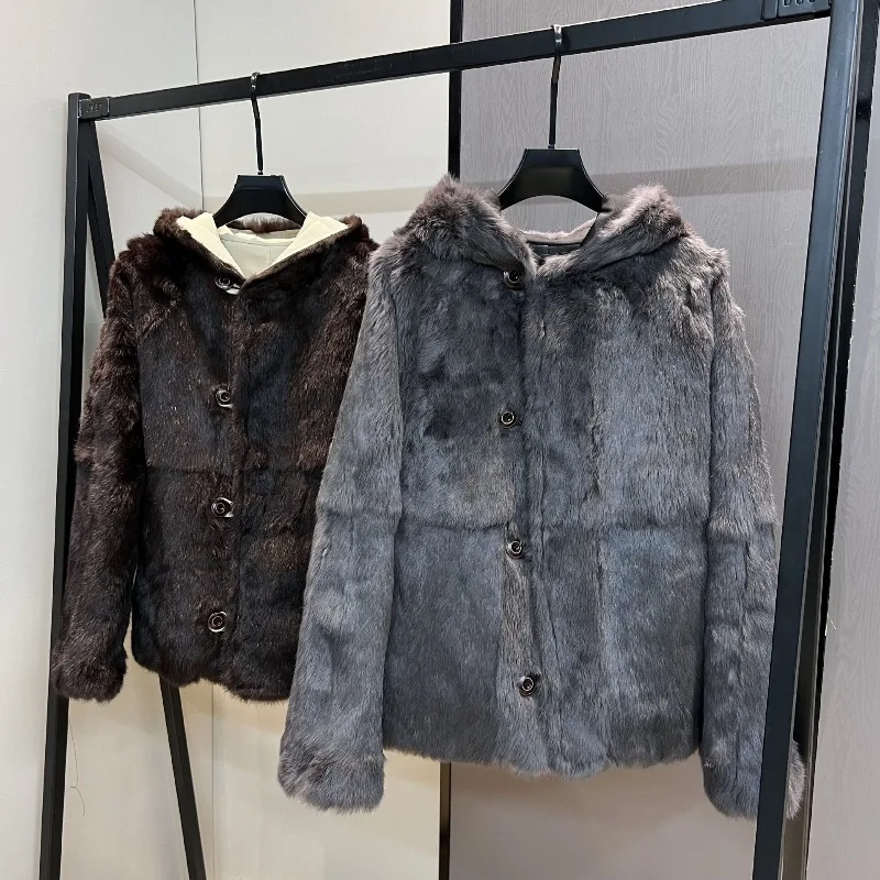 冬のレディースパーカー リバーシブル ラビットファー付きフードデザイン ツーインワン 暖かいウールコート 長袖 シングルブレスト フェイクファー トップ