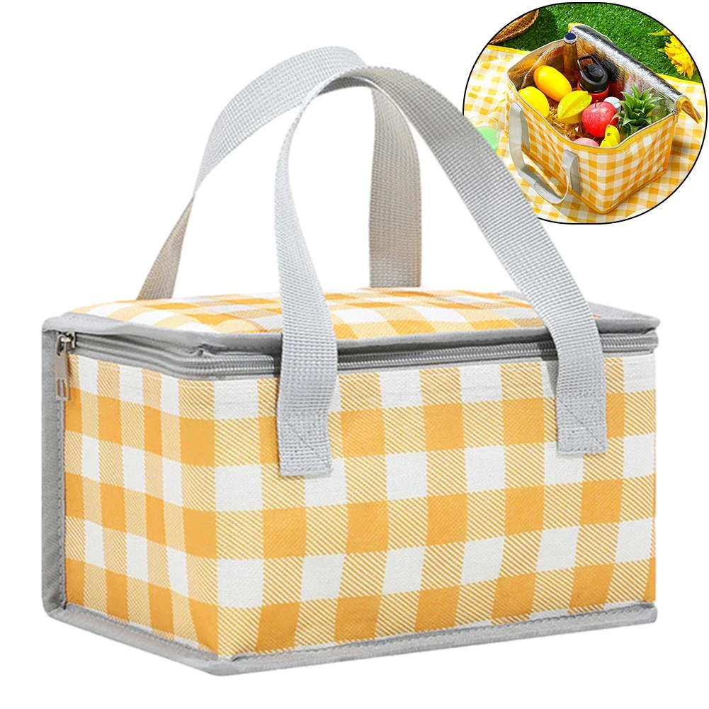 Insulated Picnic Bag Dual Zippers Plaid Lunch Tote Bag Large Capacity Picnic Basket Bag Multifunction for Outdoor Beach BBQ