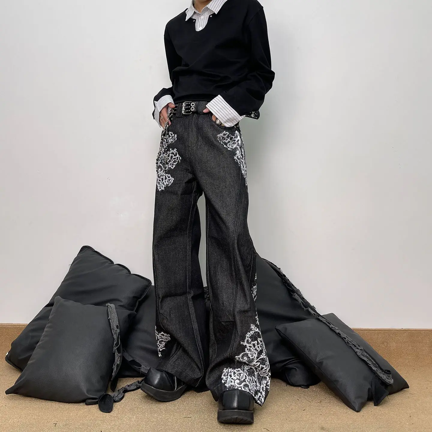 

Floral Print Slightly Pulled Jeans Men's Thin Versatile Straight Trousers