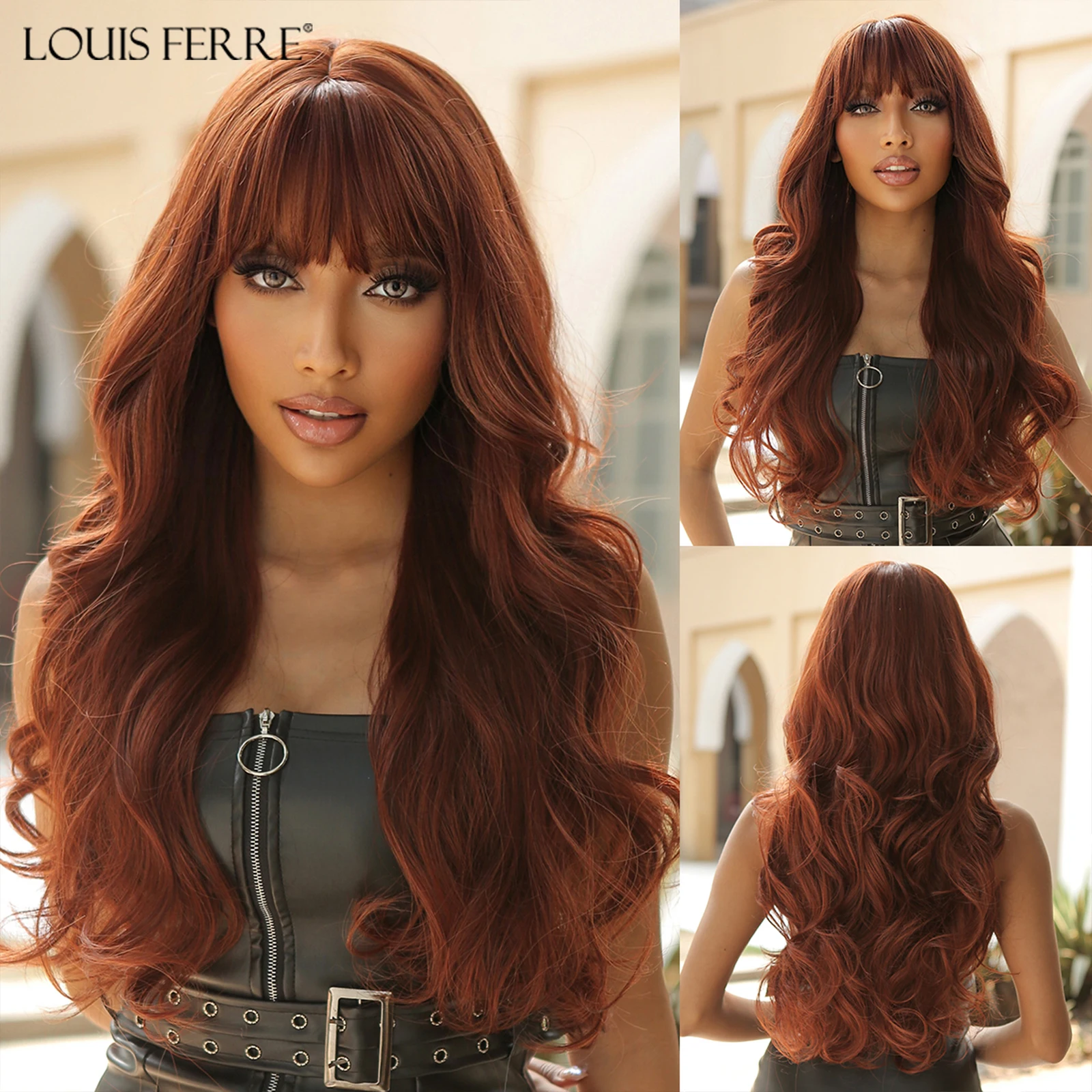 LOUIS FERRE Reddish Brown Wig for Women Long Body Wavy Synthetic Wigs with Bangs Copper Red Natural Hairline Heat Resistant Hair