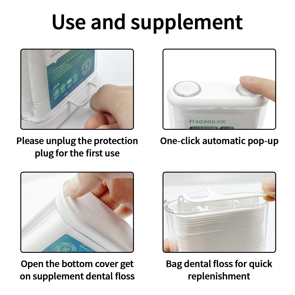 Portable Dental Floss Dispenser Pop-Up Automatic Holder with 100 Count Floss Sticks Refillable Oral Hygiene Care Flosses Pick