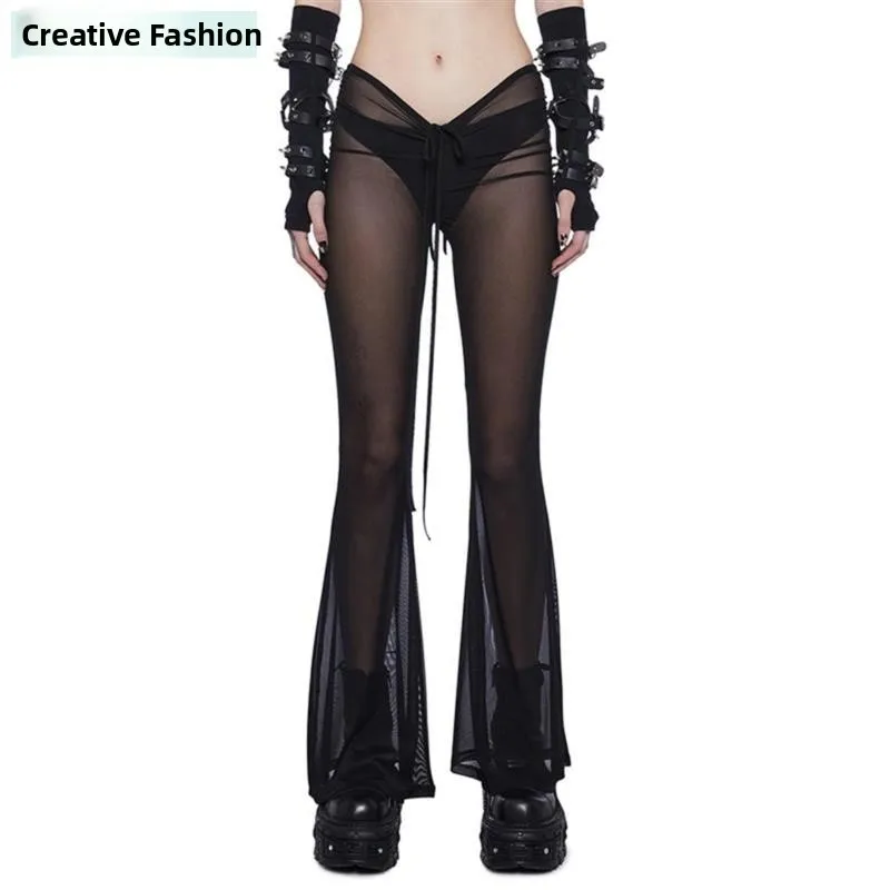 섹시한 메쉬 시스루 로우 웨이스트 슬림핏 롱 팬츠 반투명 레이스 벨트 캐주얼 바지 여성용 울트라씬 가을 패션