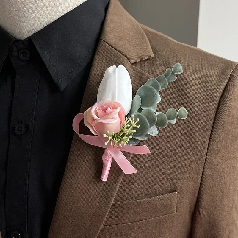 Boutonniere Aksesori Prom pernikahan anak laki-laki teman korsase bunga lubang kancing setelan kerah Pin bros bunga tulip buatan