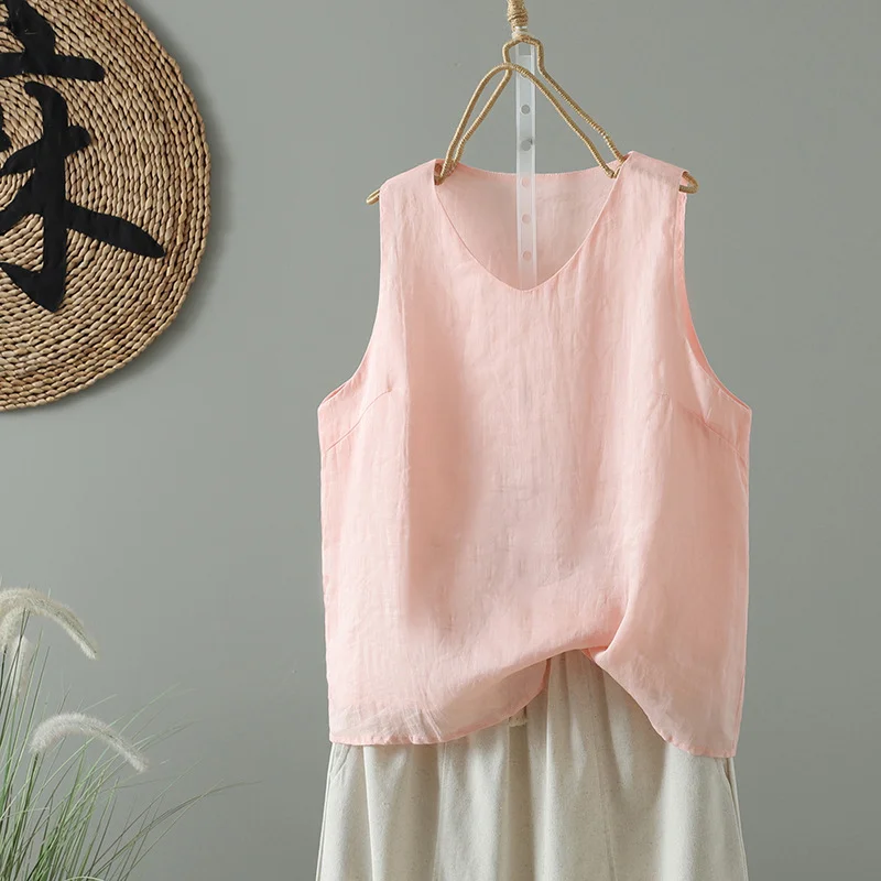 Women Pure Linen V Neck Tank Top Sleeveless Loose Lightweight Casual Vest Blouse
