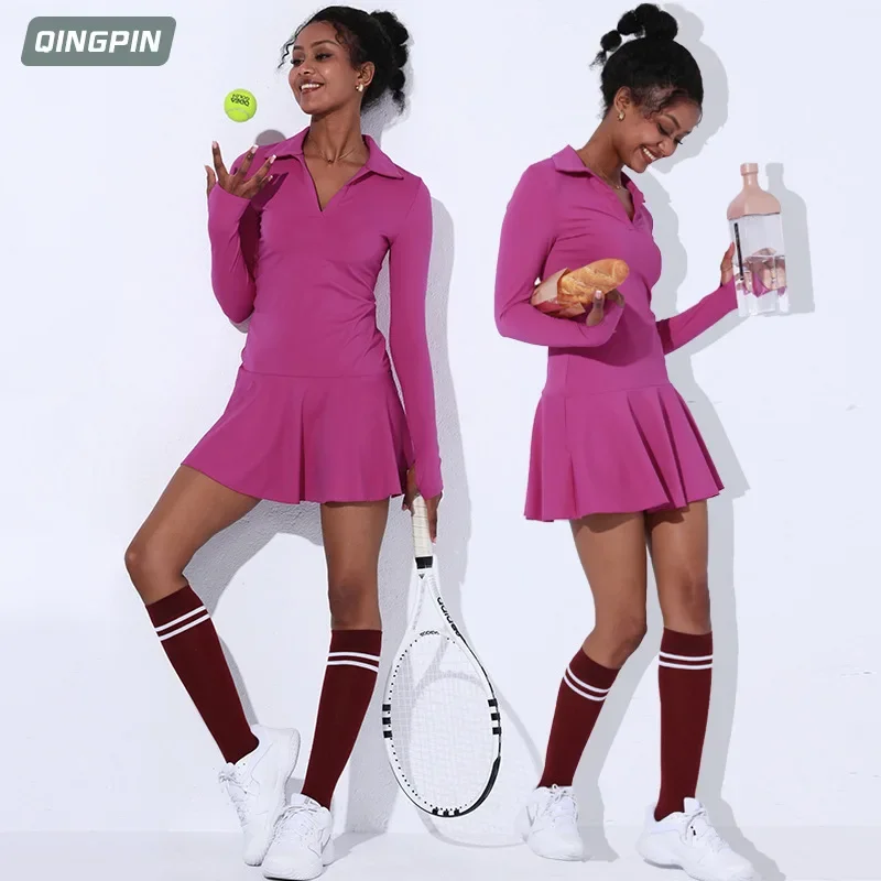 Long Sleeves Tennis Dresses 2024 Women's Golf Wear Spring Autumn Outdoor Badminton Fitness Wear Sport Outfit New Black Clothing