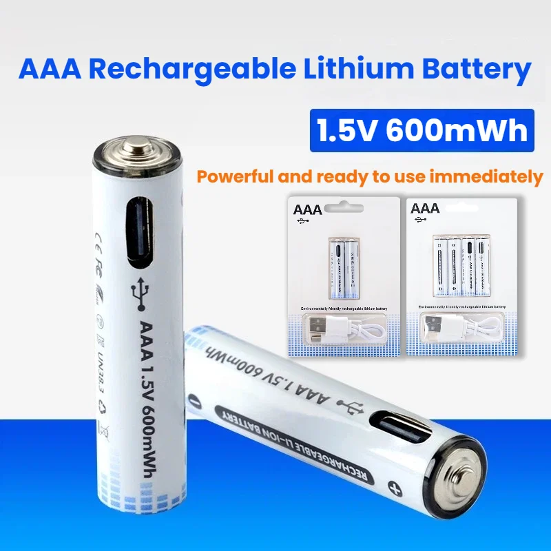 

USB-C Rechargeable AAA Battery 1.5V Constant Voltage Lithium Battery 600mWh High Capacity USB Charging for Smart Devices
