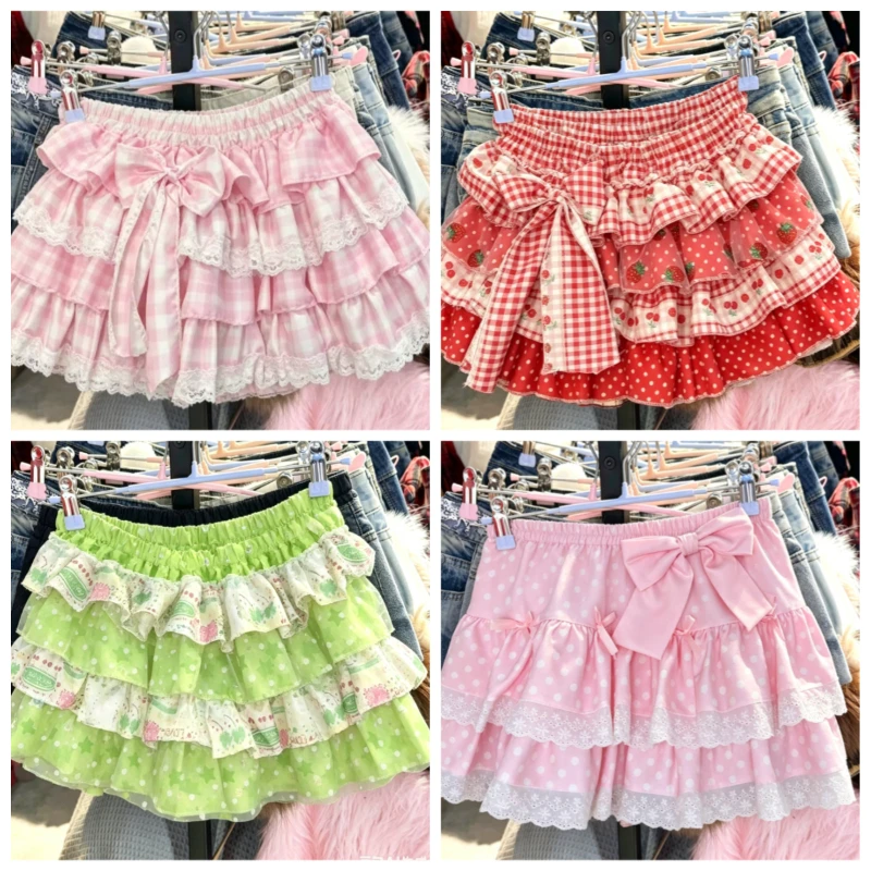 Japanese Y2k Kawaii Lolita Strawberry Print Frill Punk Cake Skirt Women Lovely Bow Mini Skirt Korean Multi Layer Short Skirt