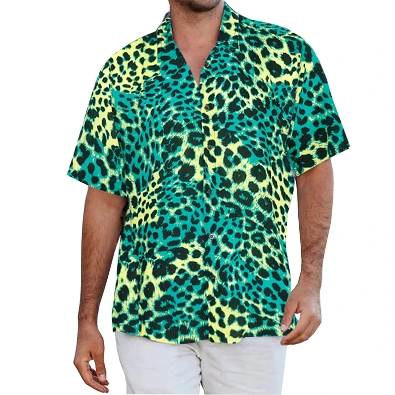Homens leopardo impressão padrão blusa, camisas de praia, festa, roupas femininas, y2k tops, streetwear, lapela harajuku, manga curta, blusa