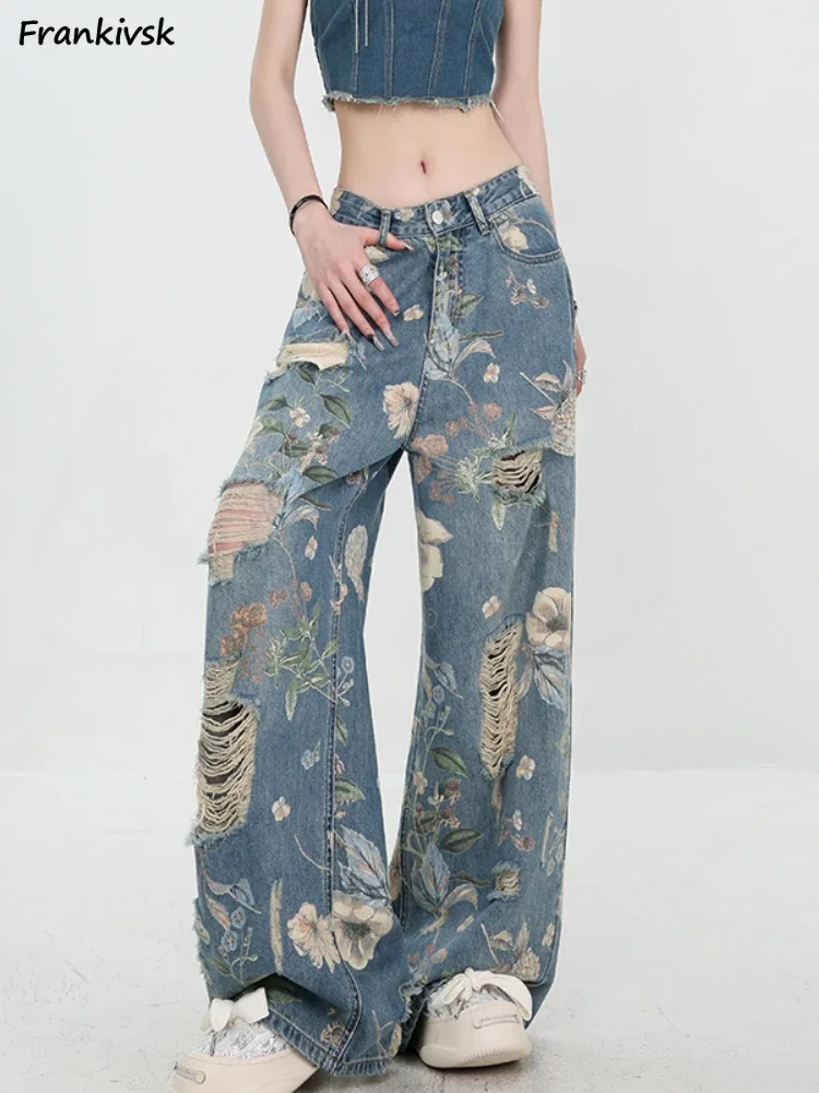 Women Jeans Hole Wide Leg Aesthetic Streetwear American Style Creativity Spicy Girls Soft Floral Printed High Waist Individual