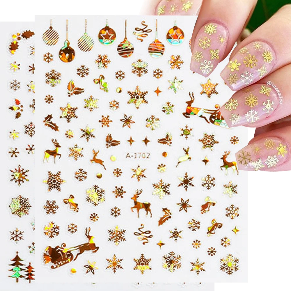 

12PCS Set Gold Christmas Nail Stickers Snowflakes Santa Claus Elk Tree Self Adhesive Sliders Holographic Winter 3D Nail Decals