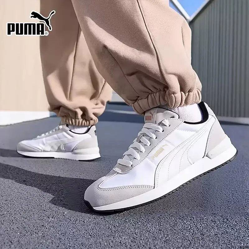 PUMA Off White Zapatillas de running informales retro ligeras con costuras de ante gris claro 399250-11