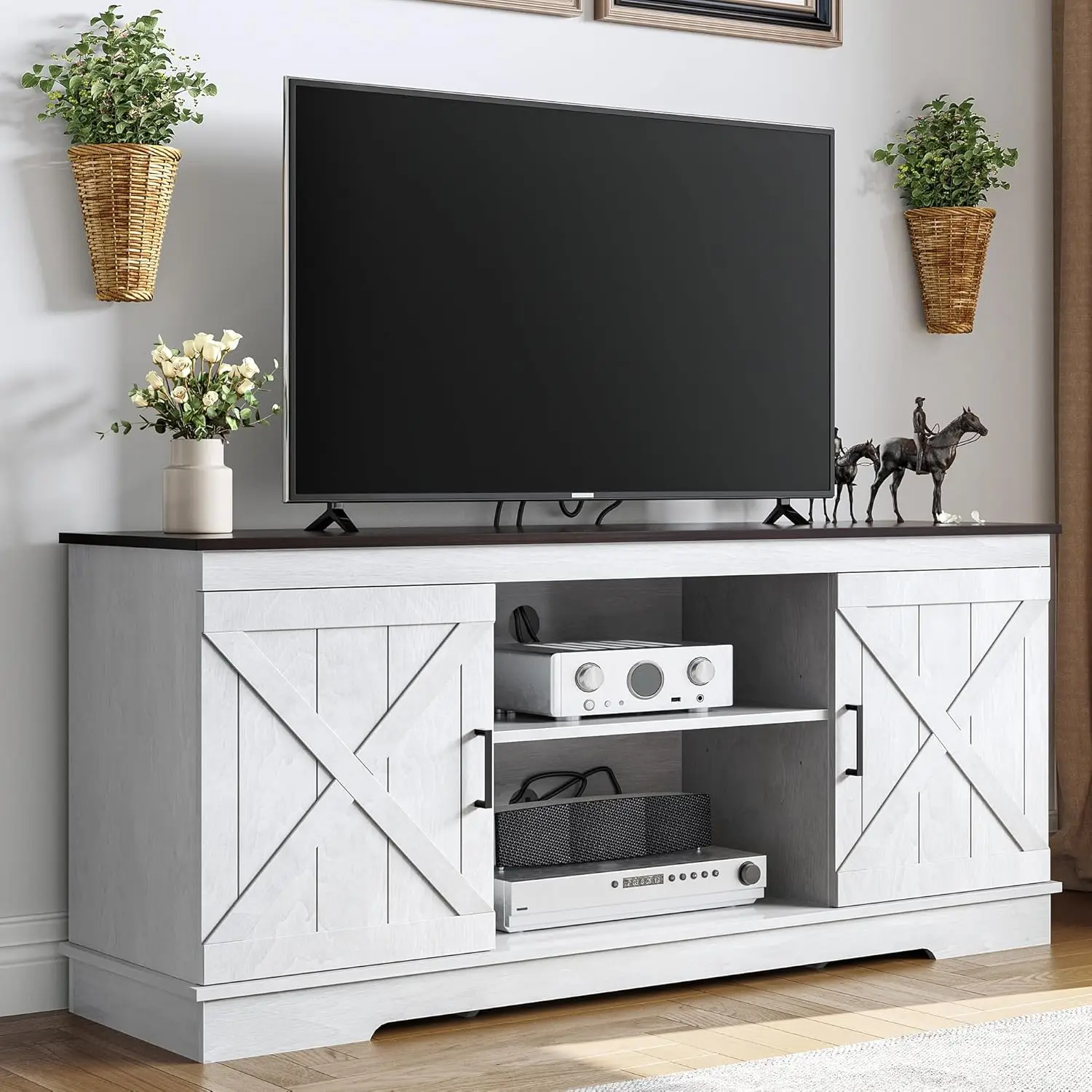 

TV Stand for 65 Inch TV, Farmhouse Entertainment Center with Double Barn Doors and Storage Cabinets, Rustic TV Cabinet