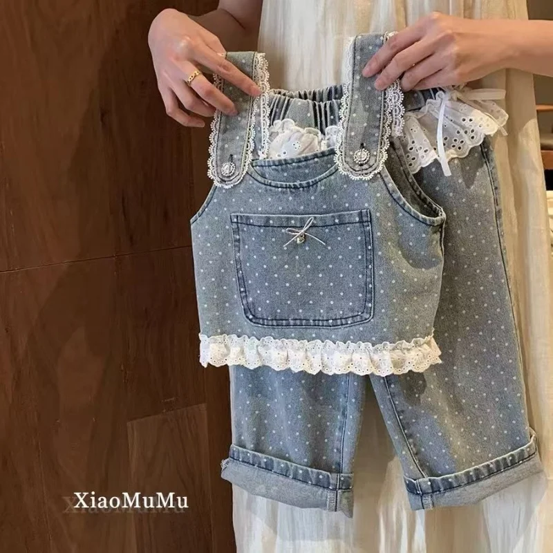 

Korean Version Children's Clothing Girls' Spring and Autumn Set New Style Baby Girl Fashionable Cowboy lace Vest Pants piece Set
