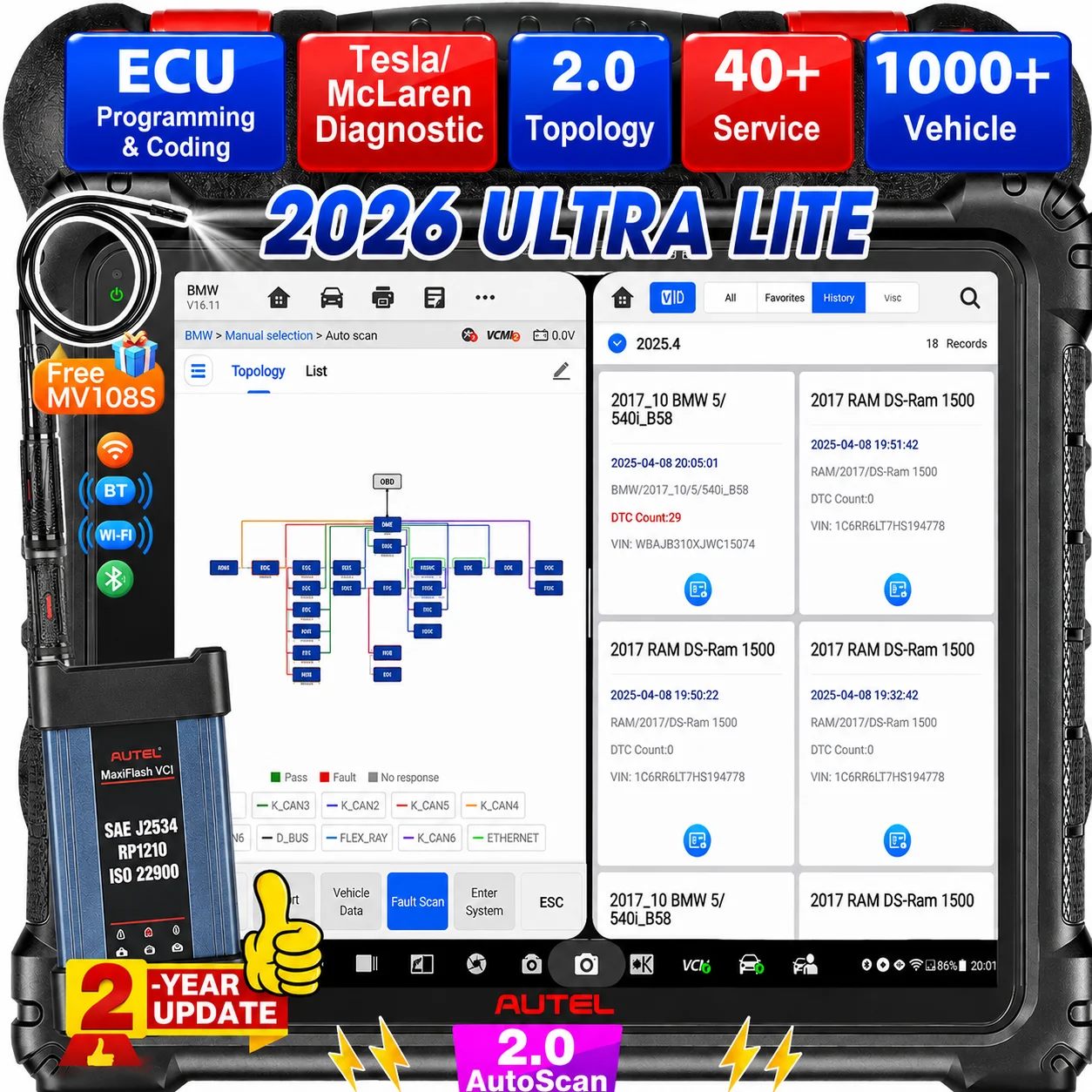 Autel MaxiSys Ultra Lite S Diagnostic Scanner J2534 ECU Programmer Topology 2.0 Auto Scan Tool All System Diagnosis PK MS919