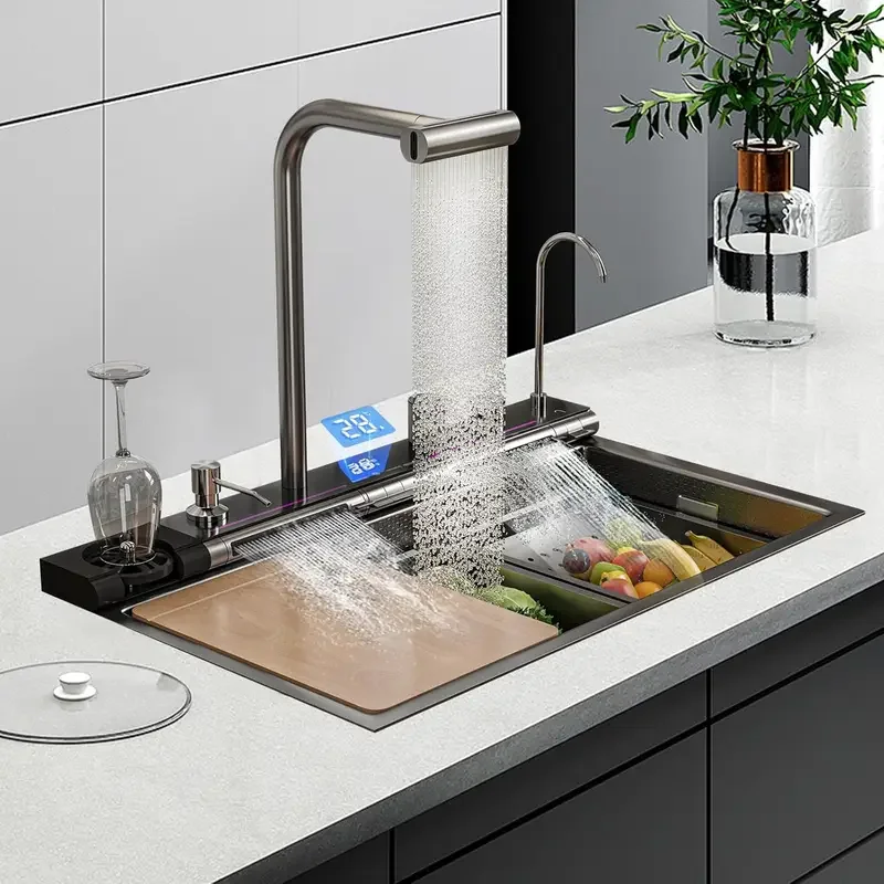 Dual Waterfall Kitchen Sink,Modern Kitchen Sink Single Bowl Digital Smart Sink With Soap Dispenser,Stainless Steel Sink With