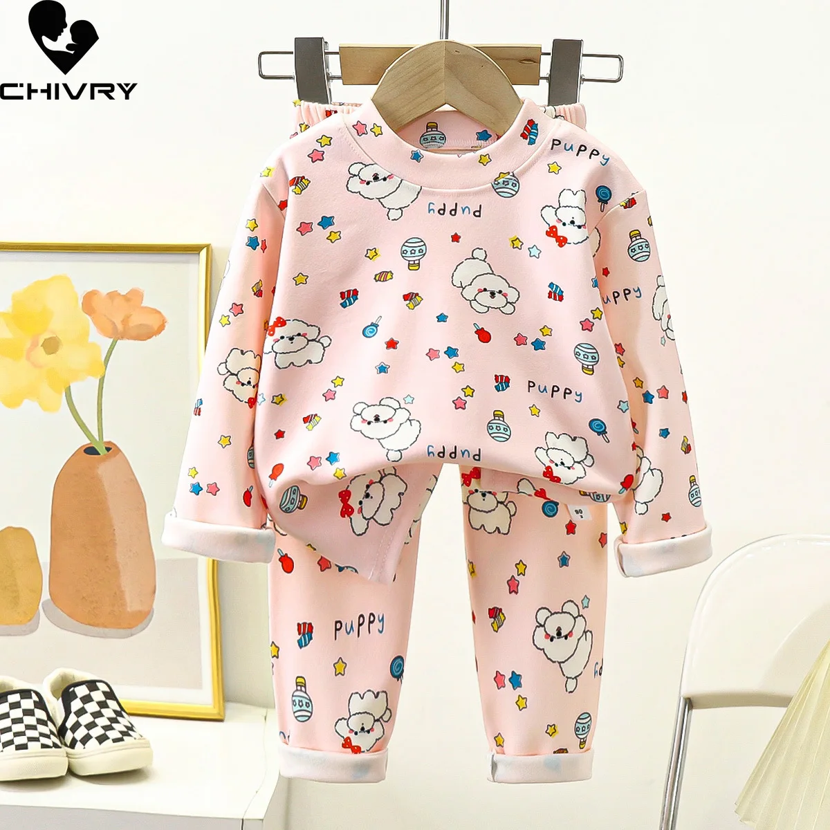 Kids Autumn Thicken Warm Pajamas Boys Girls Cute Cartoon Long Sleeve T-Shirt Tops + Pants Baby Sleepwear Underwear Clothing Sets