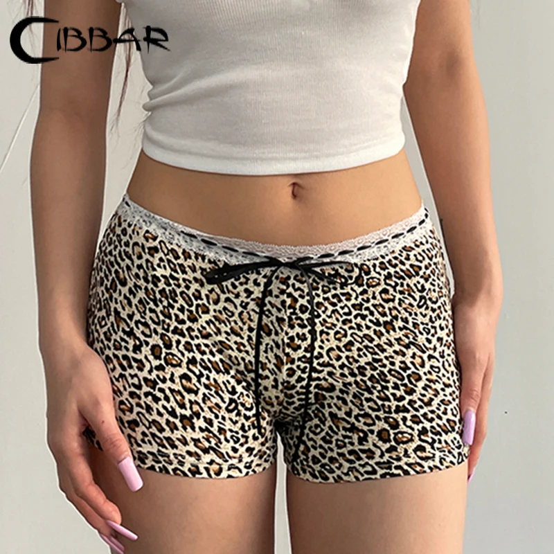 CIBBAR Hot Sexy Leopard Print Shorts Streetwear y2k Lace Patchwork Bow Low Rise Skinny Short Pants Women Vintage 2000s Clothing