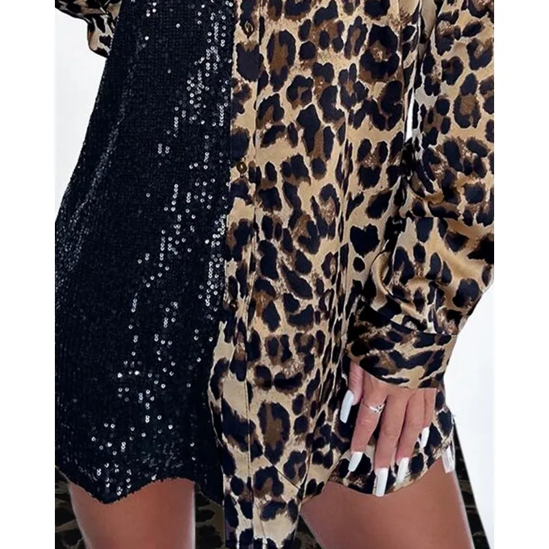 2024 Spring Summer New Women\'s Satin Sequined Button Leopard Print Lapel Single Breasted Dress