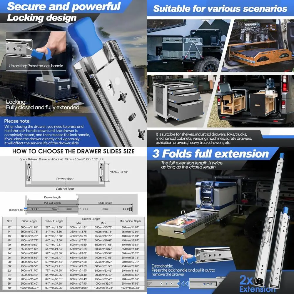 

Усиленные выдвижные направляющие с фиксатором для нагрузки до 107 кг, с шарикоподшипниками, боковое крепление, длина 12-40 дюймов