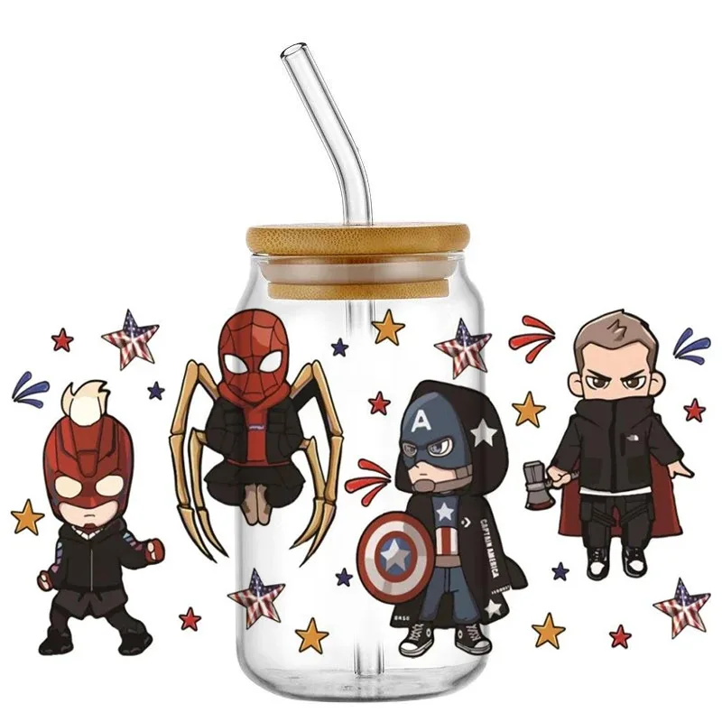 

New Design Custom 3D UV DTF Super Hero Avenger Decals for 16oz Libbey Cup Mug Car Wrap DIY Logo Sticker Popular Transfer