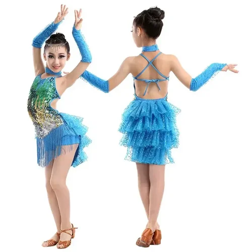 Imagen 2 del producto Traje de baile latino para niños, traje de baile con flecos brillantes para niñas, faldas con borlas para baile de salón latino Chacha