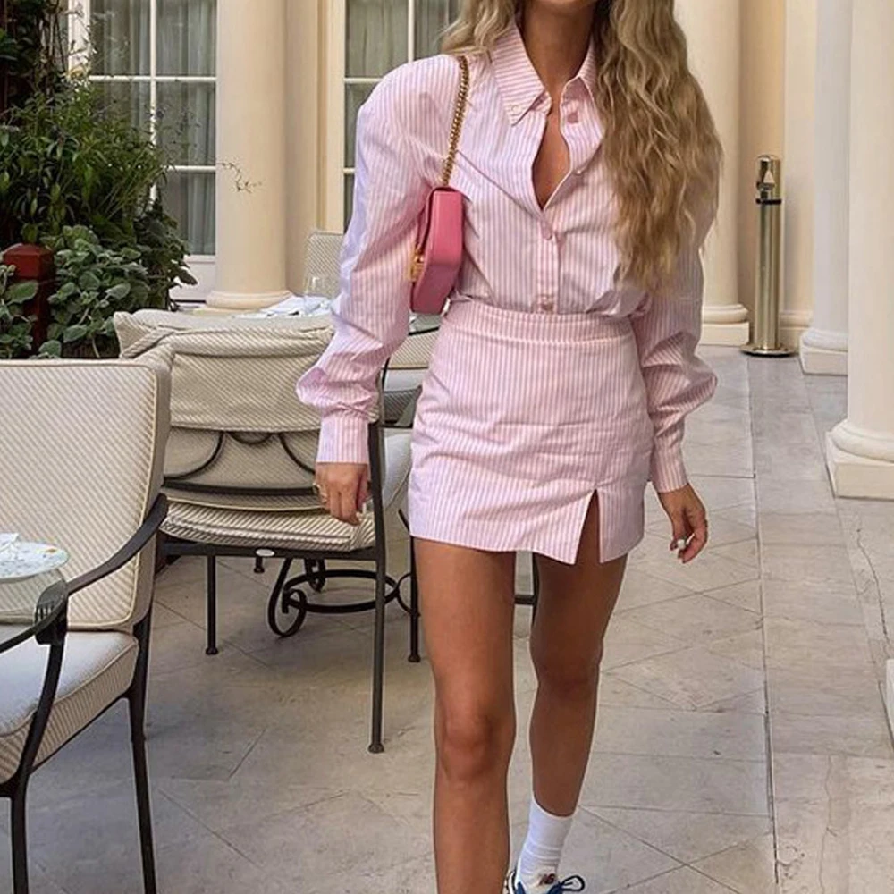 

Striped Hip Skirt Suit Shirt Above Knee Length Skirt Short Dresses Pink Stripe Skirt Empire Slim Dress for Women Streetwear