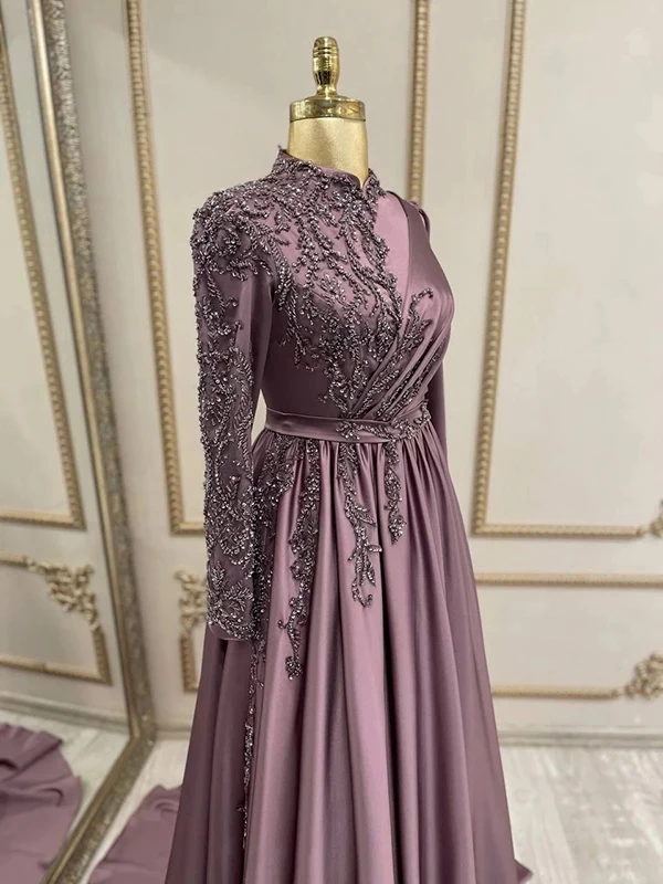 Precioso vestido de noche de satén, Túnica Retro musulmana, Túnica árabe de manga larga, vestidos de fiesta formales, 2023