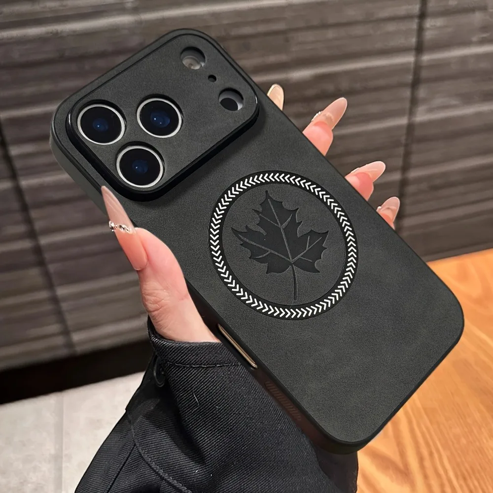 Magnetic Leather Maple Leaf Phone Case For iPhone 17 12 15 13 14 16 Pro Max Plus 17Pro 17 Air For Magsafe Wireless Charge Cover